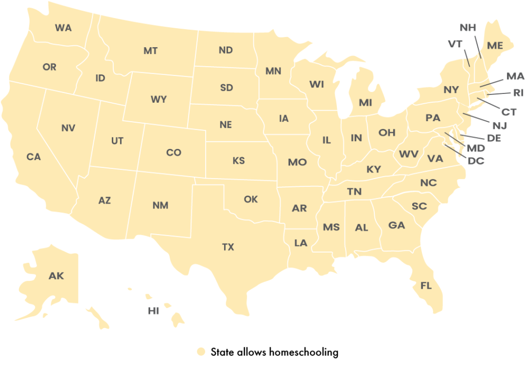 Map showing all states allow homeschooling. Individual state details can be found below