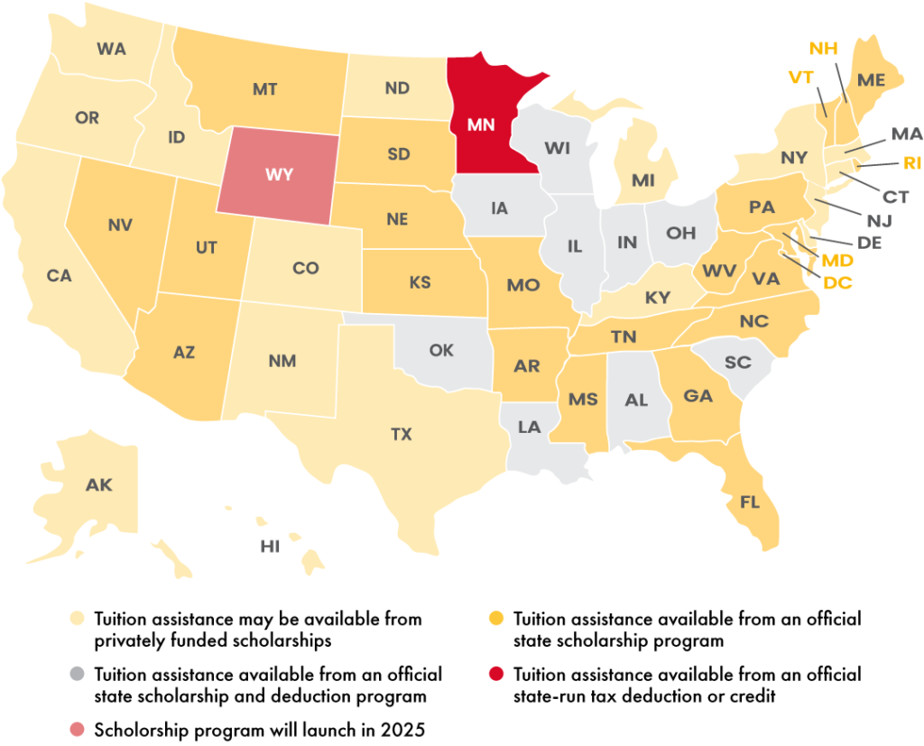 Map showing the breakdown of public school choice in the United States. Individual state details can be found below