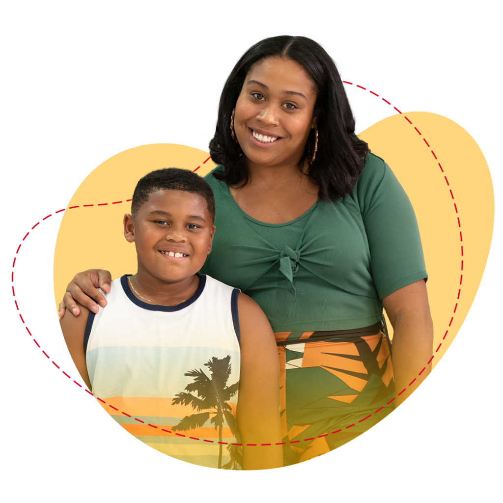 A mother with her arm around her son